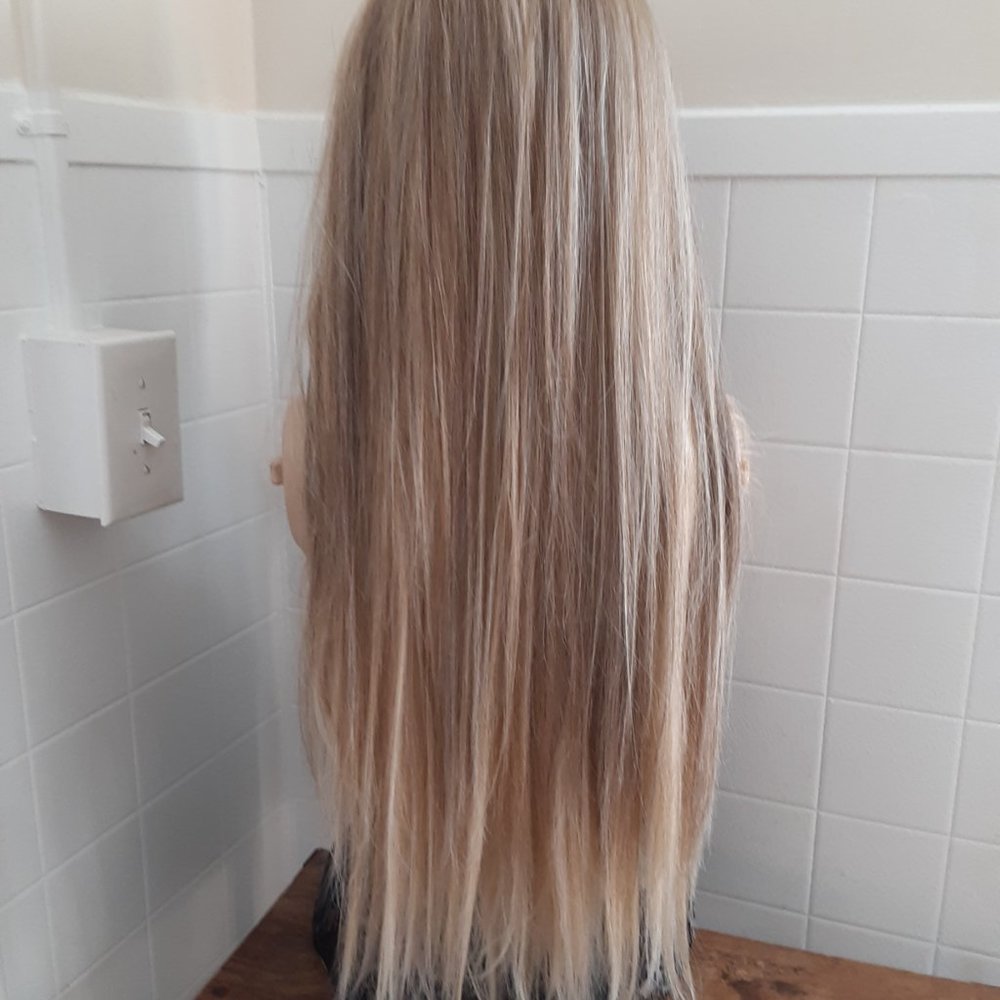 Blonde and ash blonde mix lace front wig straight  money piece hair highlights, - Picture 4 of 11